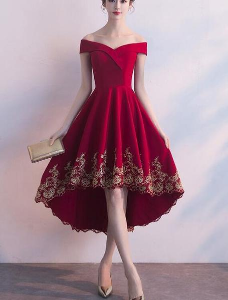 Wine Red High Low Party Dress With Gold Applique, Stylish Formal