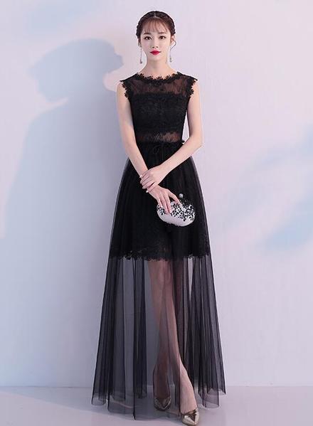 Black Tulle And Lace See Through Long Party Dress, Black Evening Dress