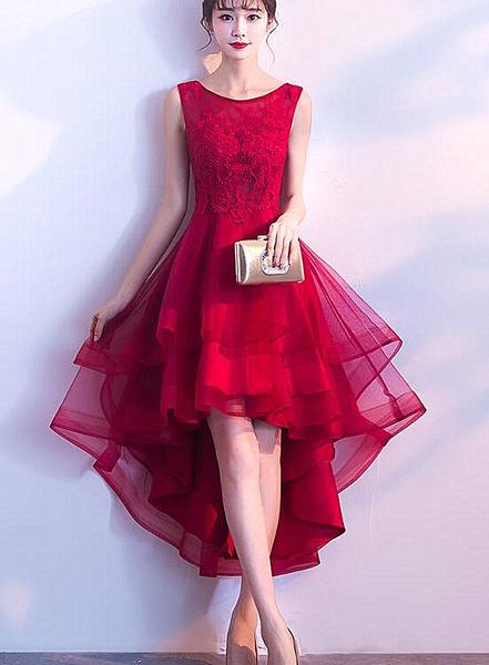 Lovely Red Off Shoulder Tulle High Low Party Dress, Red Homecoming Dress