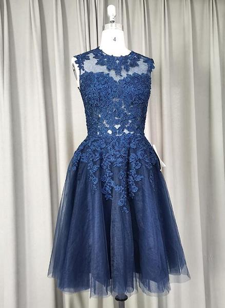 Navy Blue Tulle Homecoming Dress , Cute Tulle Handmade Formal Dress, Knee Length Party Dress