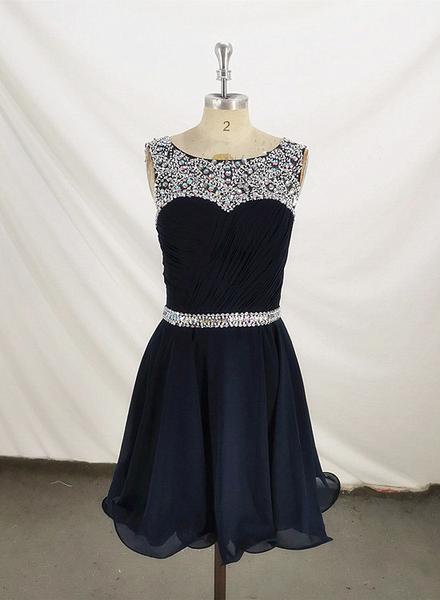 Navy Blue Beaded Short Chiffon Homecoming Dress, Blue Prom Dress