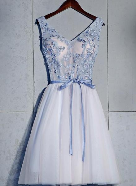 Short Blue Prom Dress A-line Homecoing Dress, V-neckline Prom Dress