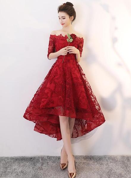 Evening Gown Vera Wang Black Lace Dress Beautiful Wine Red Lace Party Dress,  High Low Prom Dress