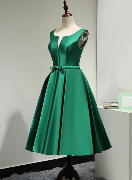 Lovely Dark Green V Neck Satin Bridesmaid Dress , Short Prom Dresses,