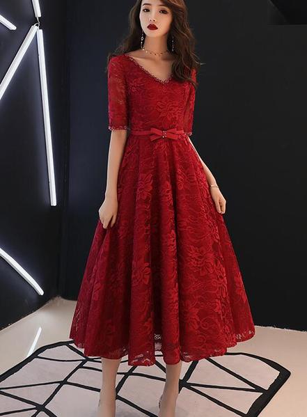 Beautiful Wine Red V-neckline Tea Length Party Dress, Lace Bridesmaid Dress