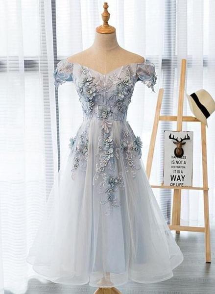Gray tea length formal dress on sale