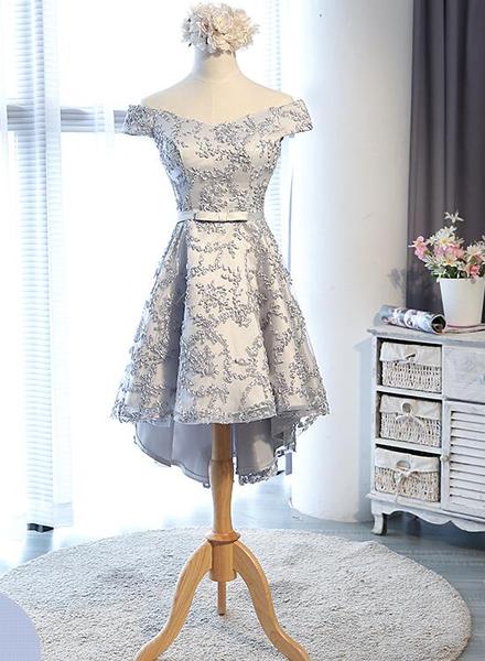 Lovely Light Grey Lace High Low Teen Party Dress, Fashionable Formal Dress
