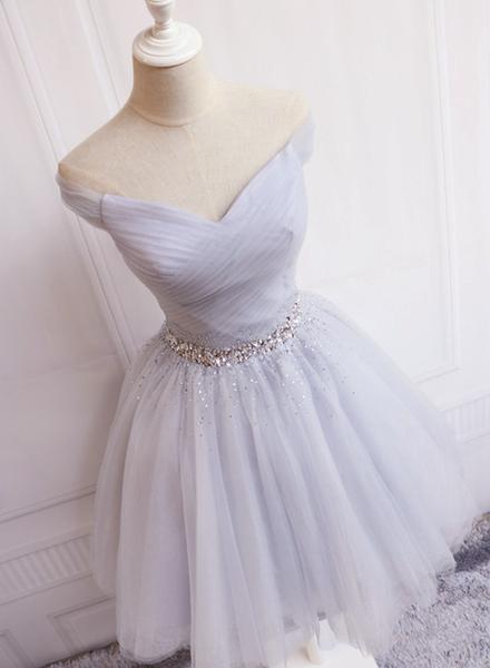 Sliver-Grey Beaded Short Tulle New Homecoming Dress Party Dress, Grey V-neckline Short Formal Dress