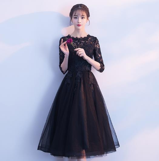 Beautiful Black Tulle Tea Length Party Dress, Black Bridesmaid Dress on