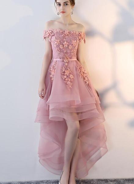 Pink High Low Tulle Off Shoulder Party Dress, Pink Homecoming Dress