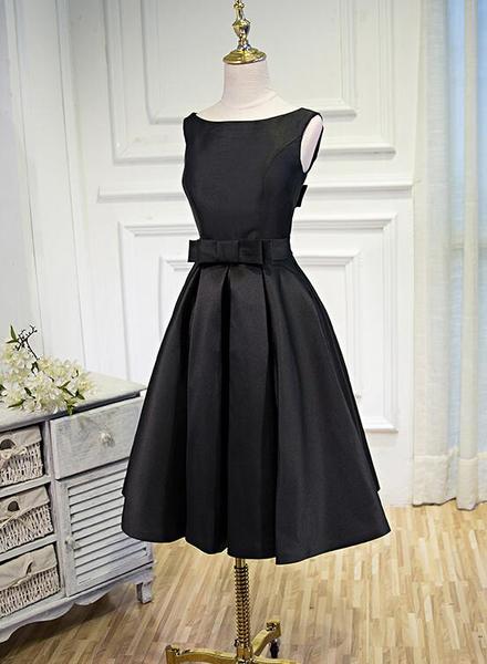 Lovely Simple Black Satin Knee Length Party Dress, Prom Dress