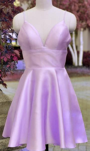 Cute Short Lavender Straps Satin Prom Dress, Homecoming Dress