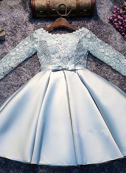 Light Blue Satin and Lace Long Sleeves Party Dress Light Blue Satin And Lace Long Sleeves Party Dress, Cute Short Graduation  Dress on Luulla