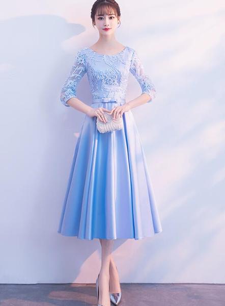 Light Blue Satin Tea Length Bridesmaid Dress, Short Sleeves Party Dress