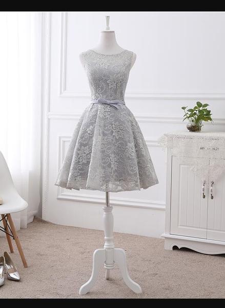 chinese dress ladies A Line V Neck Silver Gray Lace Appliques Short Prom Dress Homecoming D –  abcprom main image 1
