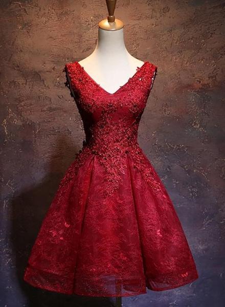 Wine Red Short Lace Cute Homecoming Dress, V-neckline Lace Up Teen Party Dress