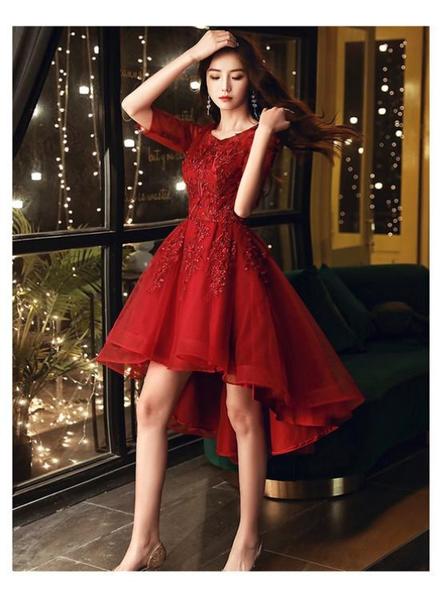 Dark Red High Low Tulle Short Sleeves Flowers Party Dress,homecoming Dresses