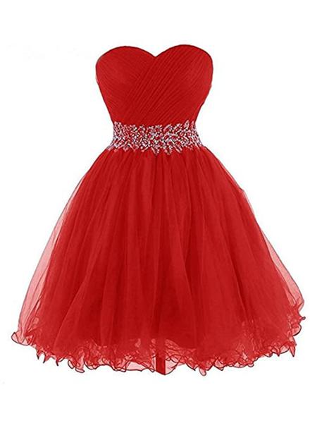 Red Beaded Sweetheart Tulle Homecoming Dress, Red Party Dress 2021
