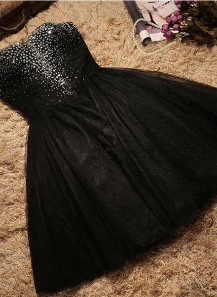 Black Sparkle Beaded Sweetheart Tulle Prom Dress, Black Homecoming Dress