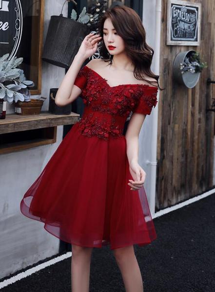 burgundy off the shoulder dress short Zapaka Women Burgundy Homecoming Dress with Appliques Satin A Line Off the Shoulder Short Cocktail Dress, Burgundy / US16