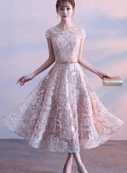 Cute Cap Sleeves Lace Tea Length Bridesmaid Dress, Lovely Wedding Party Dress