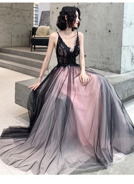 Fashionable Pink And Black Tulle V-neckline Party Dresses, Pink Lace Applique Evening Gown