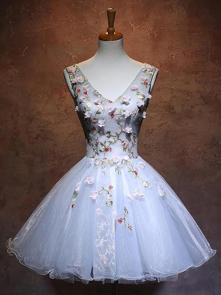 Blue Organza V-neckline Flowers Party Dress, Blue Short Prom Dress Homecoming Dress