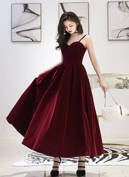 Wine Red Velvet Straps V-neckline Party Dress, Long Burgundy Prom Dress Evening Dresses