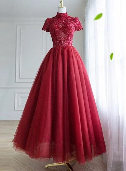 Dark Red Lace High Neckline Beaded Prom Dress, Tulle Evening Dress Formal Dresses