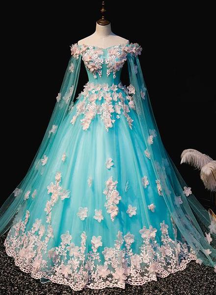 Mint Blue Tulle Embroidery Silk Flowers Quinceanera Dresses, Blue Long Ball Gown Formal Dress