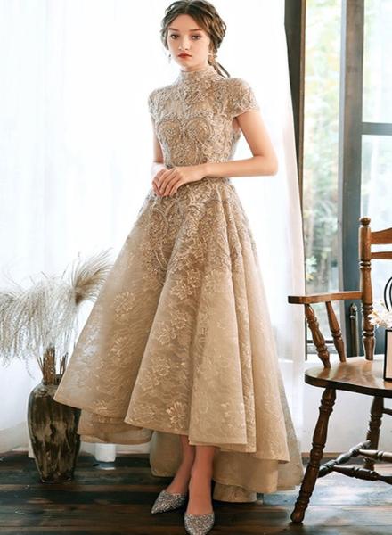 Champagne Lace Round Neckline High Low Formal Dress, Short Sleeves Prom Dress Party Dress
