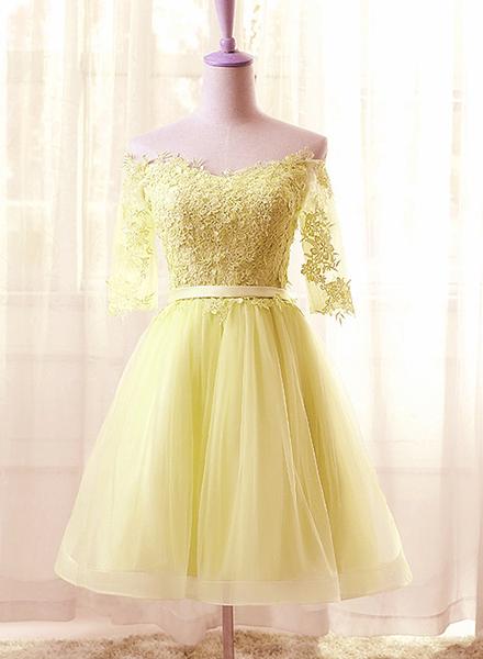 Light Yellow Tulle Short Sleeves With Lace Prom Dress, Sweetheart Homecoming  Dress Party Dress on Luulla