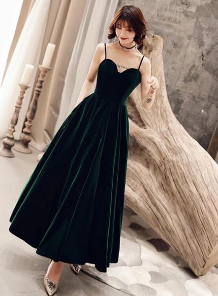 Dark Green V Back Long Velvet Elegant Party Dress, A-line Straps Dance Gala Dresses