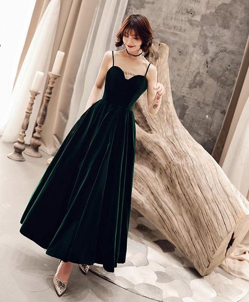 Dark Green V Back Long Velvet Elegant Party Dress, A-line Straps