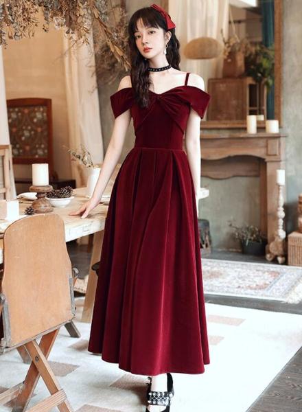 Wine Red Velvet Off Shoulder Long Evening Dress, Dark Red Party Dress Formal Dress