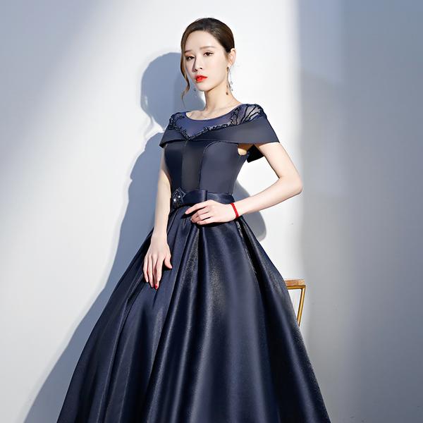 Stylish Sleeveless Navy Blue Satin Beaded A Line Long Birthday Dress Evening Gown SP1651