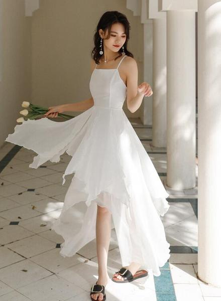 White Chiffon High Low Chic Simple Wedding Party Dress, White Short Prom Dress Graduation Dress