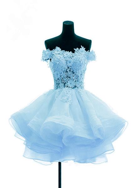 Light Blue Organza With Flower And Lace Short Party Dress, Blue Homecoming Dress