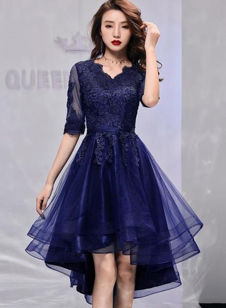 Navy Blue Short Sleeves High Low Homecoming Dress With Lace, Short Sleeves Prom Dress Party Dress