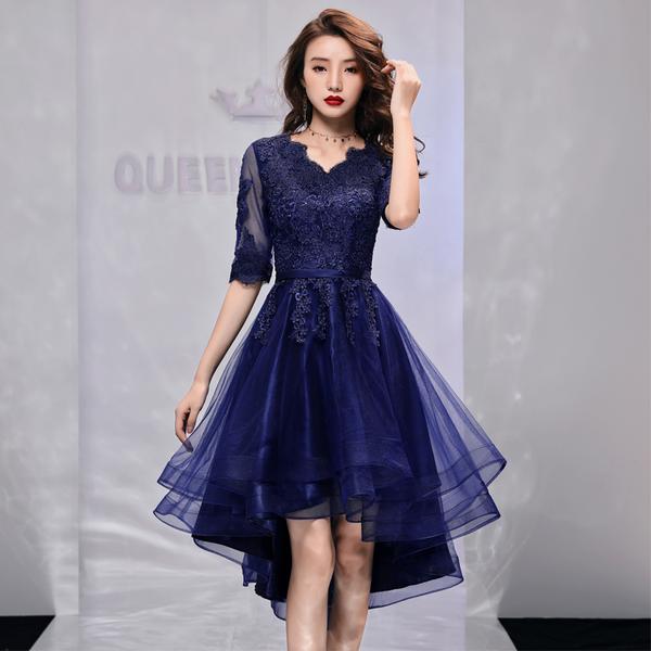 Navy Blue Short Sleeves High Low Homecoming Dress With Lace, Short ...