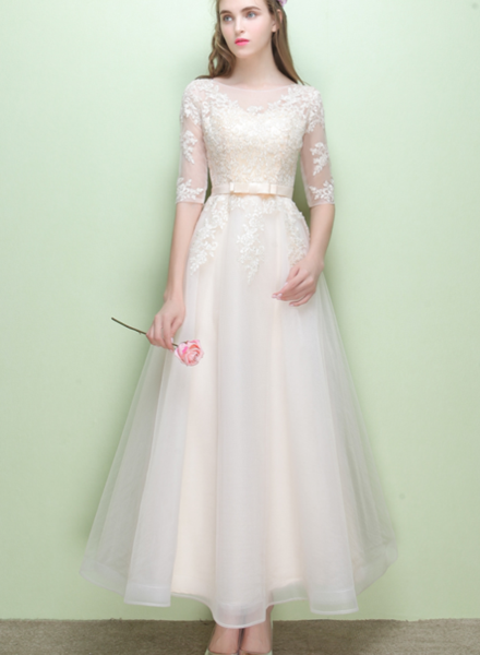 Champagne Tulle Round Neckline With Lace Applique Wedding Party Dresses, Lovely Tulle Party Dresses
