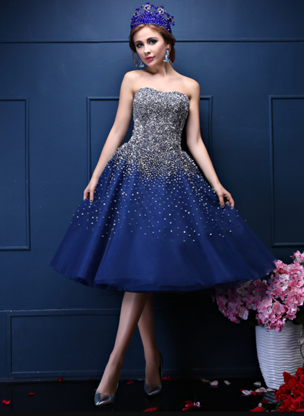 Navy Blue Sequins Sweetheart Tulle Knee Length Party Dresses, Blue Homecoming Dresses