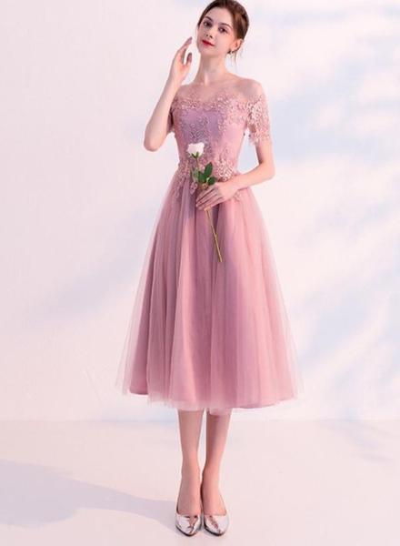 open lace back dress Pink Tulle Short Homecoming Dress, Cute Short Sleeve Party Dress