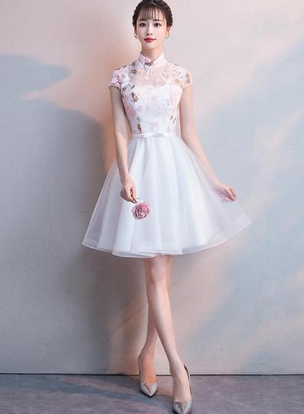 White Lace And Tulle High Neckline Short Graduation Dresses, Lovely White Short Party Dresses