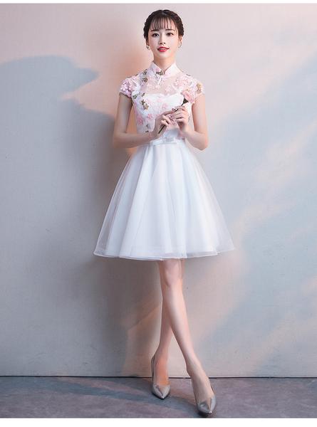 white graduation dress high neckline Asymmetrical High-Low Elastic Cloth Graduation Dresses COCOMELODY CS0535, Veiled Rose main image 0