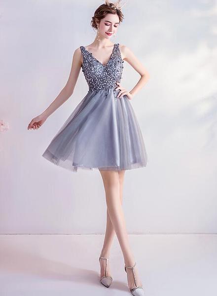 Sliver-grey Beaded Short Tulle Homecoming Dress Party Dress, Grey V-neckline Short Formal Dress