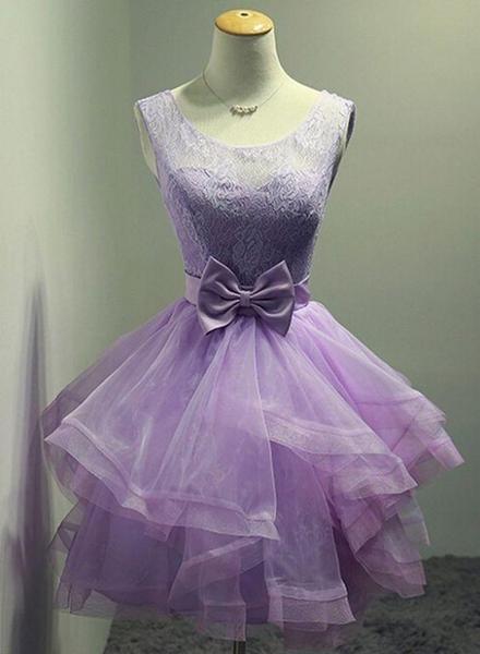Halter Sleeveless Purple Organza Ruffled Short Mini Homecoming Dress, Beading Lace main image 1