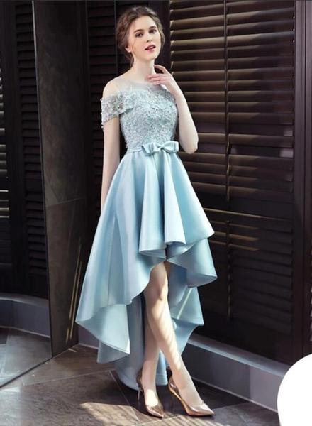 Light Blue Satin Style Lace Off Shoulder High Low Formal Dress, Blue Homecoming Dress