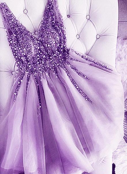 purple beaded homecoming dress Purple Beaded Feather Lace-Up Back Short Homecoming Dress – Modsele