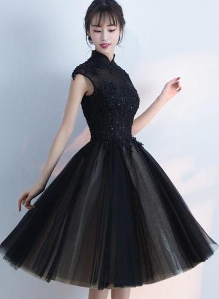 Black Tulle Homecoming Dress With High Neckline, Black Short Party Dress Prom Dress